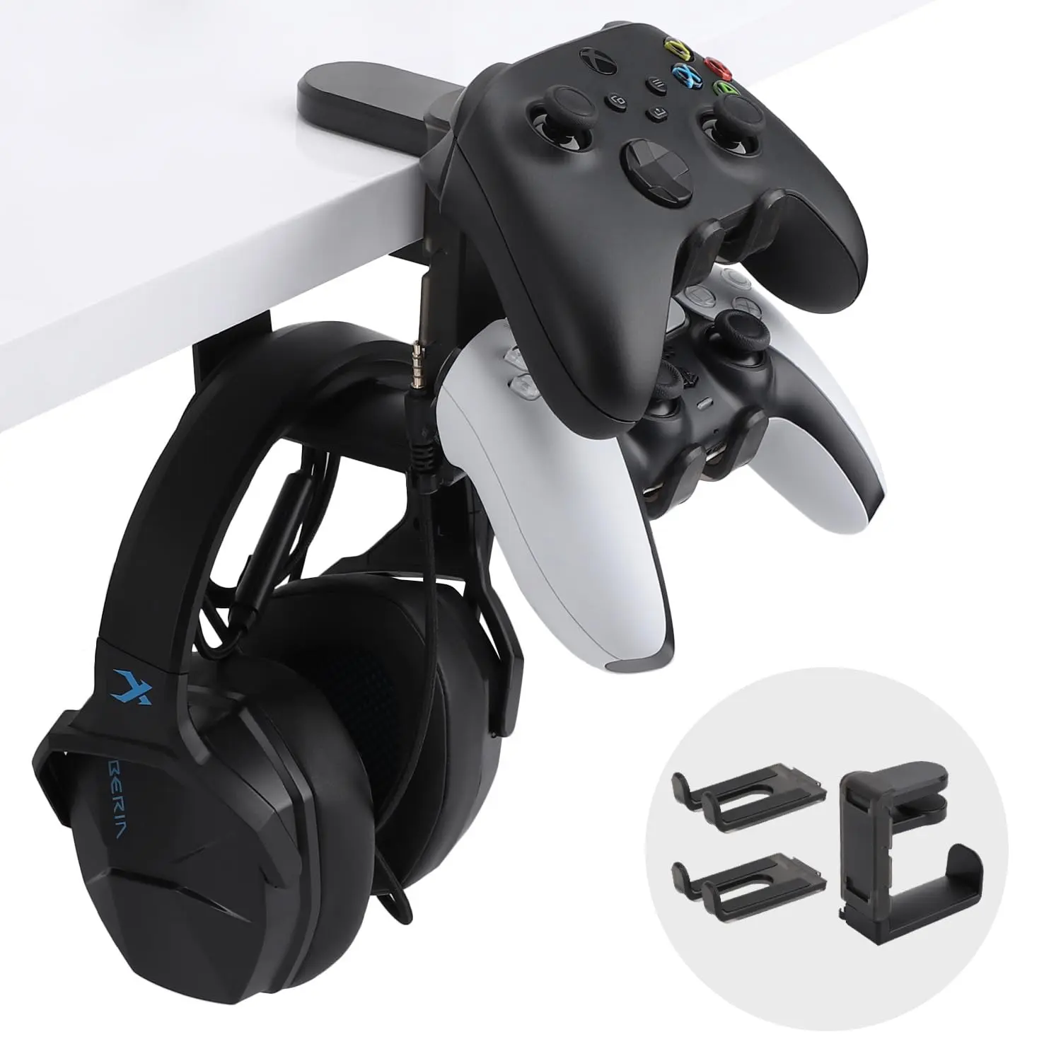 PC Gaming Headphone Stand & Controller Holder - 3 in 1 Universal Headset Controllers Hook with Adjustable Swiveling Arm, Black