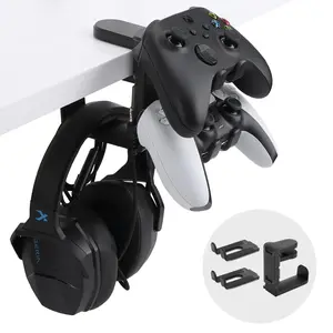 PC Gaming Headphone Stand & Controller Holder - 3 in 1 Universal Headset Controllers Hook with Adjustable Swiveling Arm, Black