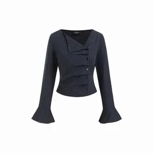 Cider Stripe Asymmetrical Neck Ruffle Sleeve Ruched Blouse