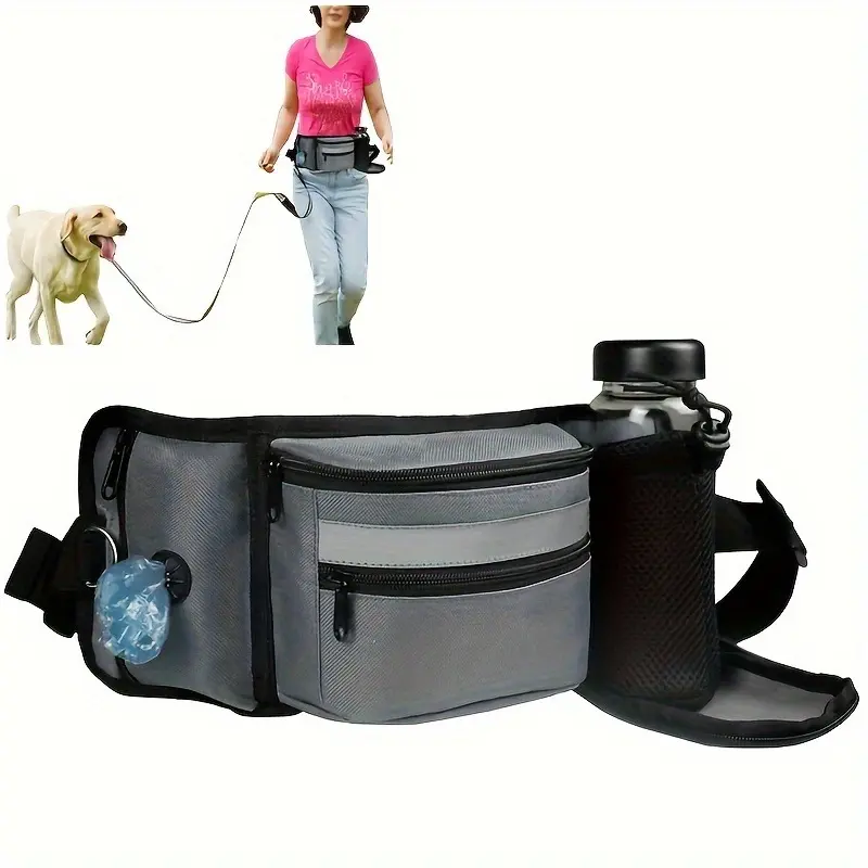 Large Plus-Size Dog Training Treat Waist Bag - Hands-Free, Multi-Pocket Secure Storage, Zippered Slots, Water Bottle Holder, Silicone Liner, Trash Bag Clip, Comfortable, Easy Access, Holds Cell Phone, Ideal for Puppy Walking, Hiking (Gray, Black)