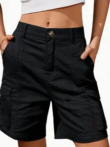 Women's Solid High Waist Cargo Shorts, Casual Comfy Mid-length Trousers for Daily Wear, Ladies Bottoms for Summer, Front Pocket Shorts