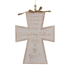 Wooden Whitewash Isaiah 9:6 Cross Ornament 16.5" - Natural | TA