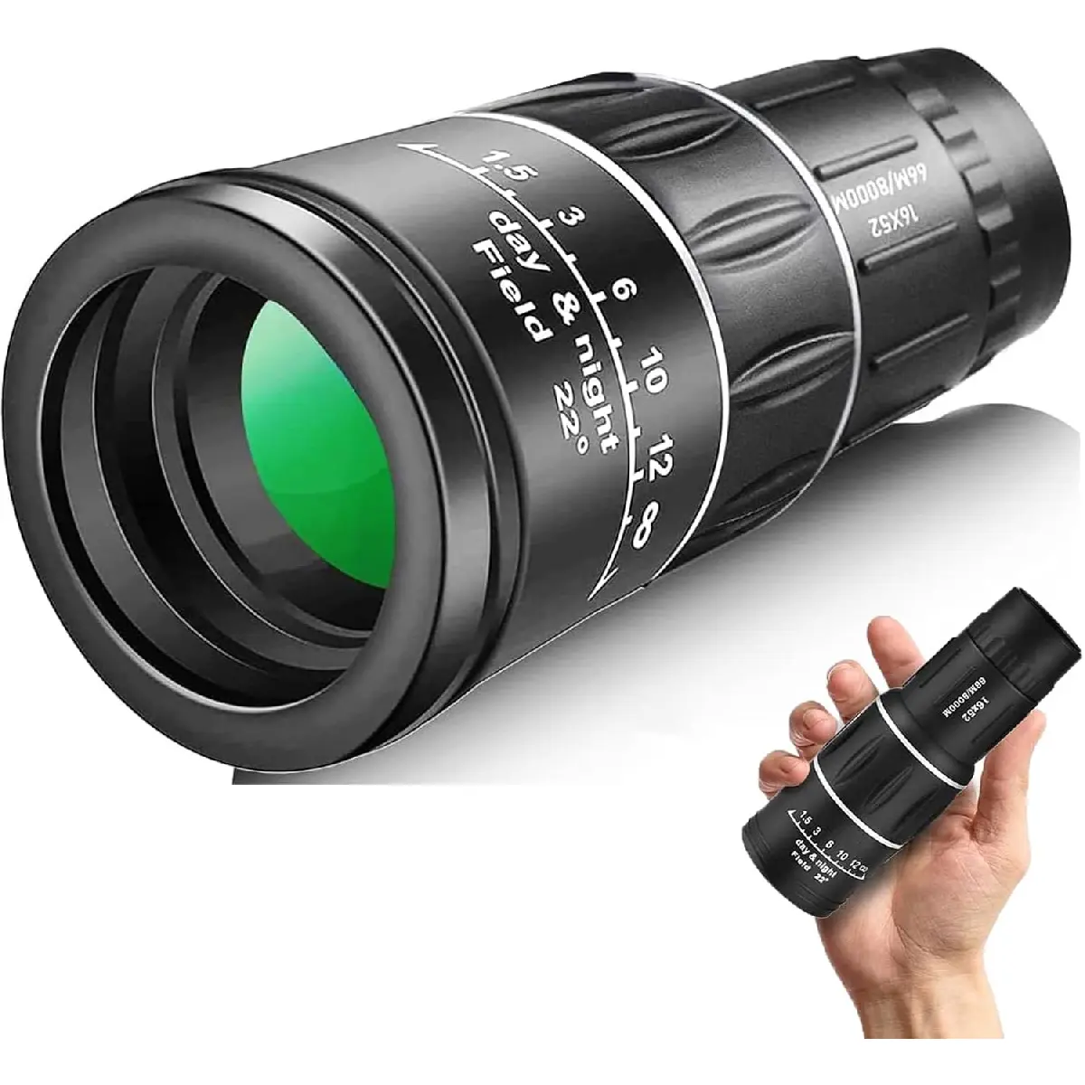 16X52 Mini Monocular Telescope with BAK4 Prisms, SMC Green Lenses, 1-Handed Grip, Waterproof & Anti-Fog, High Magnification, Border-Free View, Sports & Outdoor Gear, Ideal Christmas Gift for Men