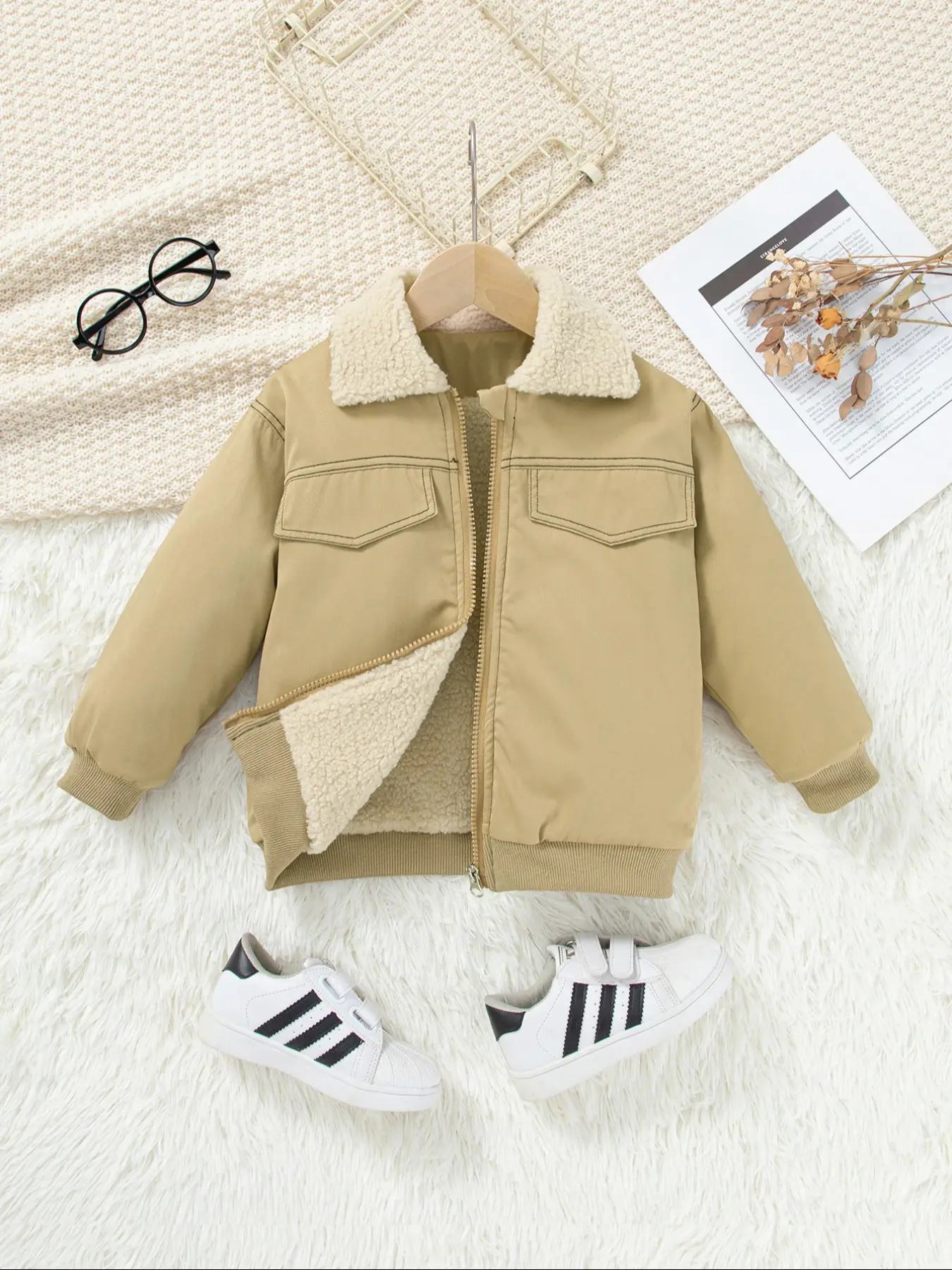 Kids' Faux Fur Collar Jacket, Colorblock Design, Thickened Lining, Windproof Warmth, Suitable for Ages 2-8, Fall Winter