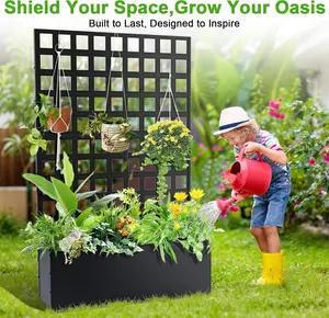 Metal Planter Box with Trellis, 71"x47"x12" Raised Garden Bed with Trellis, Planter Box with Privacy Screen & Drainage Holes for Climbing Plants, Flowers, Vegetables, Fruits