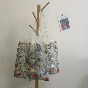 1Pc Fashion Tote Summer New Style Mesh Full Embroidery Flowers Clear Shoulder Bag Romantic Handbag Women's Eco Shopping Bag 2025
