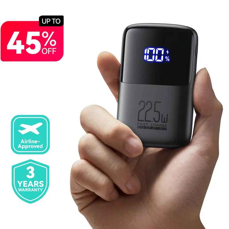 INIU 10000mAh Compact Power Bank Charger - USB C In/Output 22.5W PD/QC Fast Charging Battery Power Bank, 3-Output Mini Charger with Phone Holder for iPhone 17-13 Pro, Samsung S25-S24, Google, iPad, Devices - Tech on the Go Travel Gadget