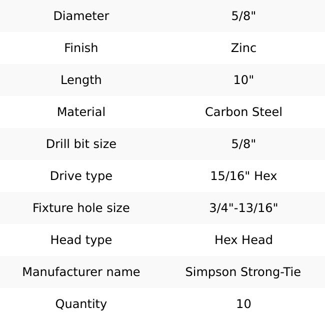 Simpson Strong-Tie THDB62100H Titen HD (5/8" x 10") Heavy-Duty Screw Anchor - Zinc Plated (10 Pack) Simpson Strong-Tie THDB62100H Titen HD (5/8" x 10") Heavy-Duty Screw Anchor - Zinc Plated (10 Pack)