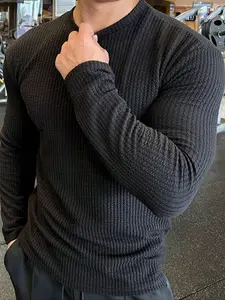 Men's Long Sleeve Textured T-Shirt, Soft Breathable Snake Stripe, Casual Fitted Top for Sports and Leisure, All Seasons Wear