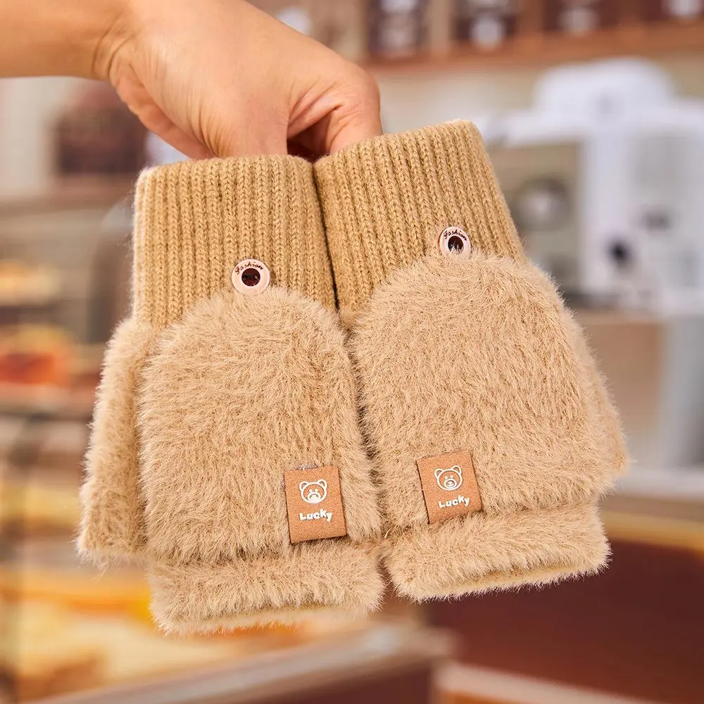 Women Fuzzy Gloves Winter Flip-Top Warm Fingerless Mittens Student Writing Thick Cute Bear Soft Typing Office Plush Lady Gloves