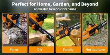HANWISE 12 inch brushless electric chain saw features an enhanced handheld design with cordless and portable functions. It is very suitable for cutting wood, maintaining yards and gardens. It is an excellent gift choice for men and husbands.