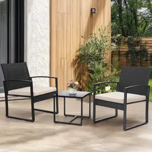 3-Piece Outdoor Patio Bistro Conversation Set, Waterproof Wicker Chairs, Safety Glass Table Top, Thick Cushions, for Balcony Garden, Clearance Deal, Outdoor Dining Set