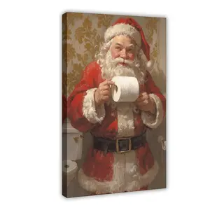 Christmas Wall Decor Cute Santa Holding Toilet Paper Art Print Eclectic Bathroom Poster Farmhouse Wall Decor Aesthetic Santa Canvas Print Painting for Bedroom & Toilet