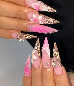 Leopard Glam Flower Press On Nails | Pink 3D Floral Rhinestone Nails | Long Stiletto Leopard Print Nail| Glam Safari Aesthetic Nail