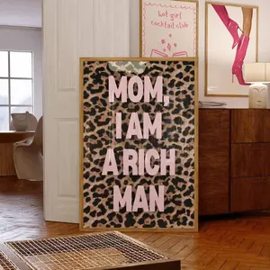 1pc Frameless Pink Cheetah Print, "Mom I'm A Rich One" Leopard Wall Art, Preppy Animal Pattern Poster For College Dorm Bedroom |   Room Decor, Prints For Wall, Vintage Decor, Dorm Essentials
