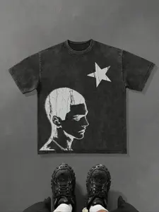 Unisex Graphic Print Boy & Star Tee, Street Style Fitted Woven Fabric, Casual All-Season Wear, Trendy Back-To-School Gift, Graphic Tees