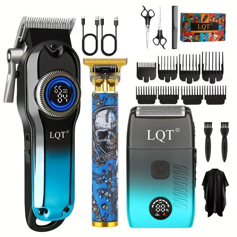 LQT 3-in-1 Cordless Barber Kit for Men - Hair Clipper, T-Blade Trimmer & Foil Shaver with LED Display, USB Rechargeable for Precise Haircuts, Beard Style & Face Smoothing, Usb Charger, Home Haircut, 3-In-1 Barber Kit