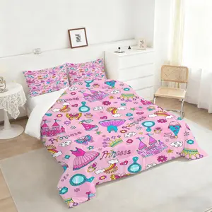 2/3Pcs Princess Dreamland Comforter Set, Adorable Pink & Purple Bedding Set with Whimsical Princess Illustrations, Soft & Cozy Quilt, Perfect for Kids' Bedrooms and Fairy-Tale Decor. 1 or 2 Pillowcase No Pillow Core