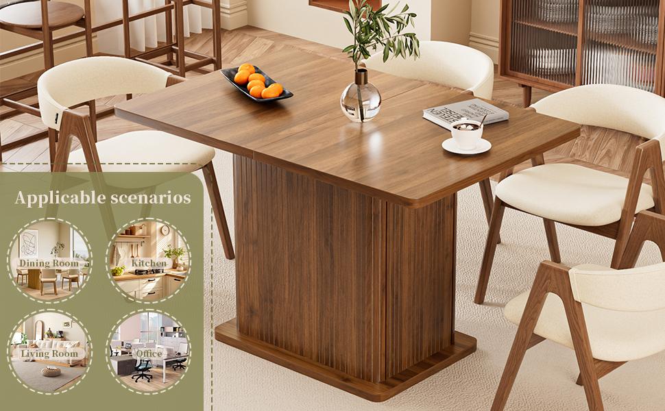 Mid Century Modern Extendable Rectangular Dining Table - Extensible Size, 4-6 Seats, 47-65in Space-Saving Kitchen Furniture, Fluted Design with 2 Storage Doors, Rectangular Statement Dining Room Furniture