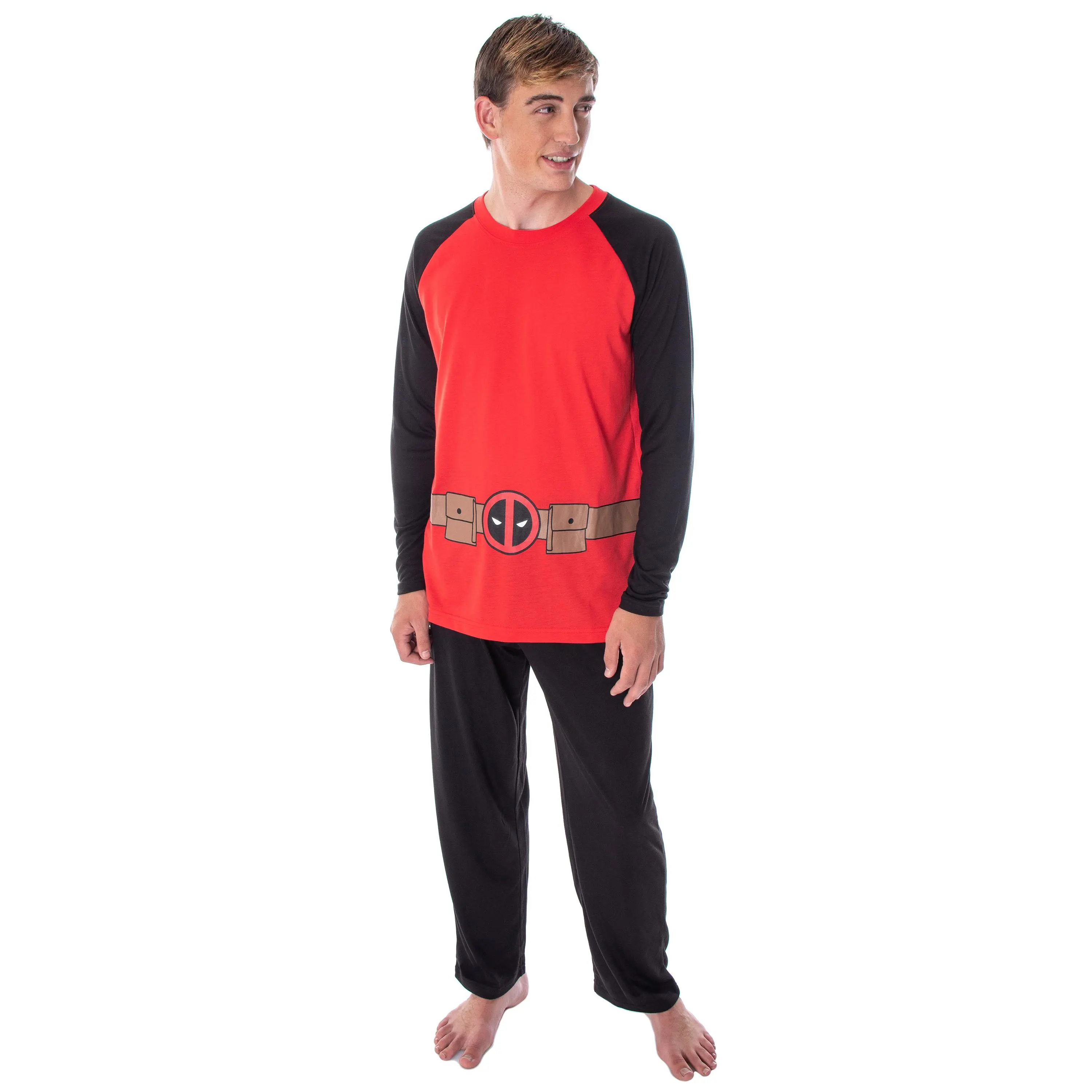 Marvel Men's Deadpool Costume Raglan Long Sleeve Top And Pants 2 Piece Character Pajama Set, Shirt, Nightwear