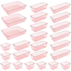 25 Pack Desk Drawer Organizer Set,Vanity and Desk Drawer Storage Bins,Clear Plastic Drawer Organizer Trays for Makeup,Office,Bathroom and Kitchen(pink)