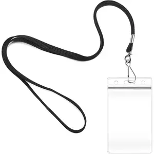 2 Pack ID Card Badge Holders with Black Durable Cruise Lanyard, Vertical  Clear Extra Thick Plastic Name Tags for Office, School, Students, Teachers, Adults, Business, , Conferences
