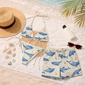 Celestial Whale Matching Swim Set 2026 – Moon Ocean Bikini & Men’s Shorts, Mystical Marine Couple Swimwear, Beach Outfit