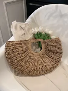 Handwoven Grass Bag Handbag with Large Round Handle, Natural Bamboo Design for Summer Beach and Travel Accessories Handcrafted