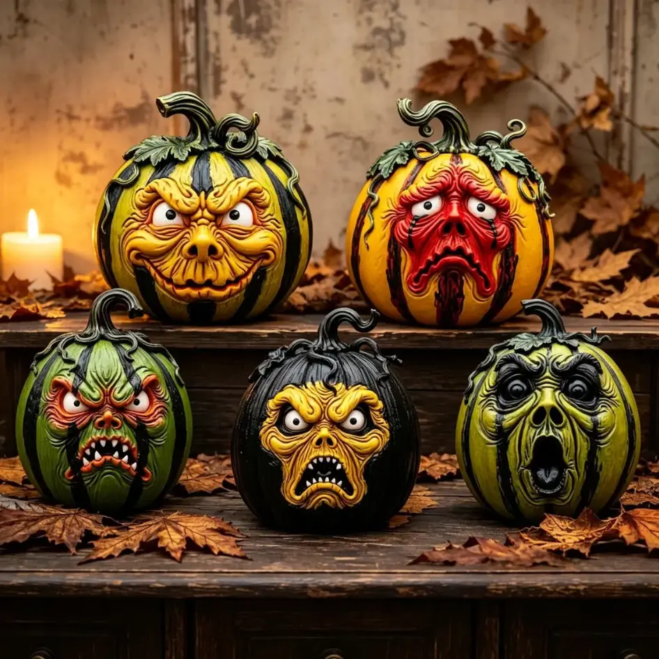 Creepy Monster Pumpkin Figurine Set,Spooky Expression Lantern Sculptures,Resin Ornaments for Halloween Decor, Tabletop Mantel Party Prop Halloween Resin Pumpkin Decor, Spooky Monster Face Lantern Figurines for Gothic Shelf Mantel Table Centerpiece Display
