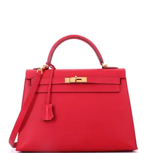 Pre-owned HERMÈS Leather Top Handle Bags Hermes Kelly Handbag Rouge Casaque Epsom with Gold Hardware 32 by Rebag