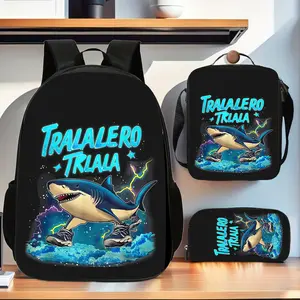 Tralalero Trlala Shark 3-Piece Backpack Set, Meme Print School Bag + Lunch Bag + Pencil Case, Oxford Cloth Adjustable Strap Daypack for Kids & Meme Fans