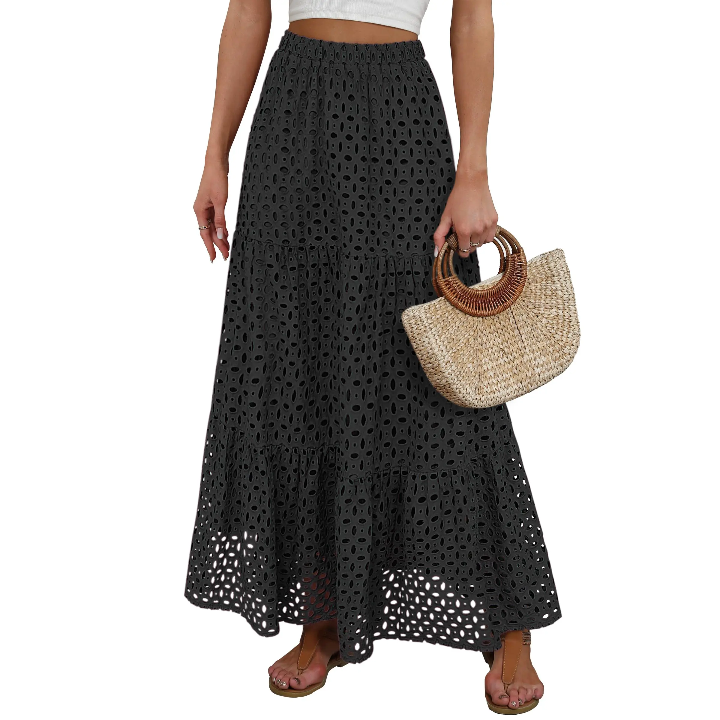 ANRABESS Maxi Skirts for Women Boho Tiered Eyelet Elastic High Waist A-Line Summer Casual Flowy Beach Vacation Long Skirt Fit Lightweight