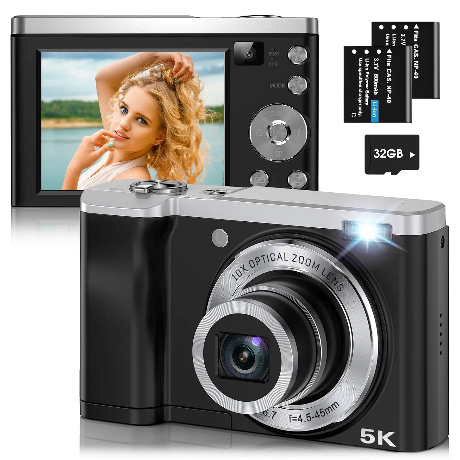 56MP 5K Digital Camera 10X Optical Zoom, Front and Rear Dual Cameras with 2.8" IPS Touch Screen, Video Vlogging Cameras for Photography with 32G Micro Card, Compact Point and Shoot Cameras