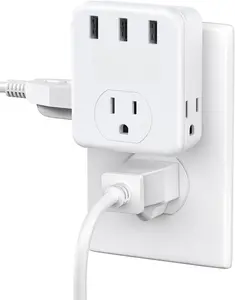 Multi Plug Outlet Extender, 3 Outlets Splitter with 3 USB, USB Brick, Wall Charger, 3-Side Widely Spaced Wall Tap, Multiple Charger Box Expander for Home, Office, Cruise Ship Approved- White