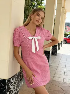 Spring Summer Vintage Gingham Dress, Ruffle Peter Pan Collar Bow Tie Bubble Sleeves, Short A-Line Casual Dress for Women