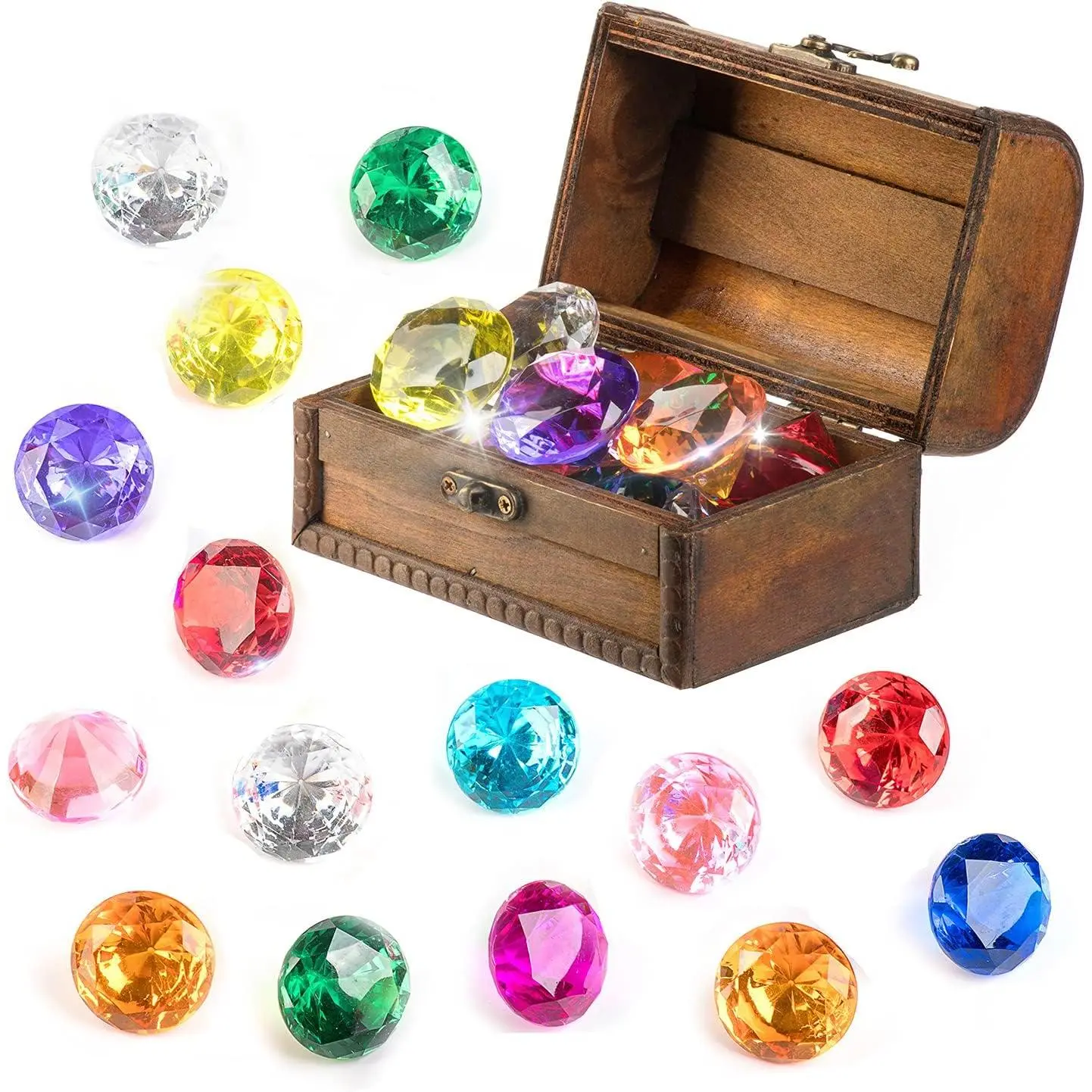 X-TBT104 Diving Gem Pool Toy 15 Big Colorful Diamond Set with Big Treasure Chest Pirate Box Underwater Gem Diving Dive Throw Toy Set Swimming Training Gift Toy