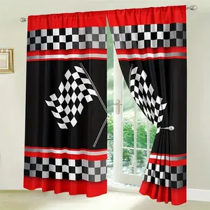 Racing Theme Curtain Set, Checkered Flag Design, Two-Piece, Washable, Rod Pocket, Perfect for Home Decor Windows