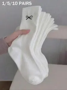 Women's Socks, Pure Color Bow Mid-Calf Socks, Cute and Simple Girl Long Socks, Comfortable and Versatile, Student Socks, All Seasons