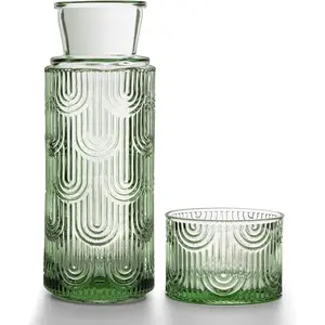 Bedside Water Carafe and Glass Set, Mouthwash Dispenser for Bathroom, 21.6 Oz Glass Water Bottles with 6 Oz Drinking Cup as Lid, Water Pitcher for Nightstand, Kitchen (Green)