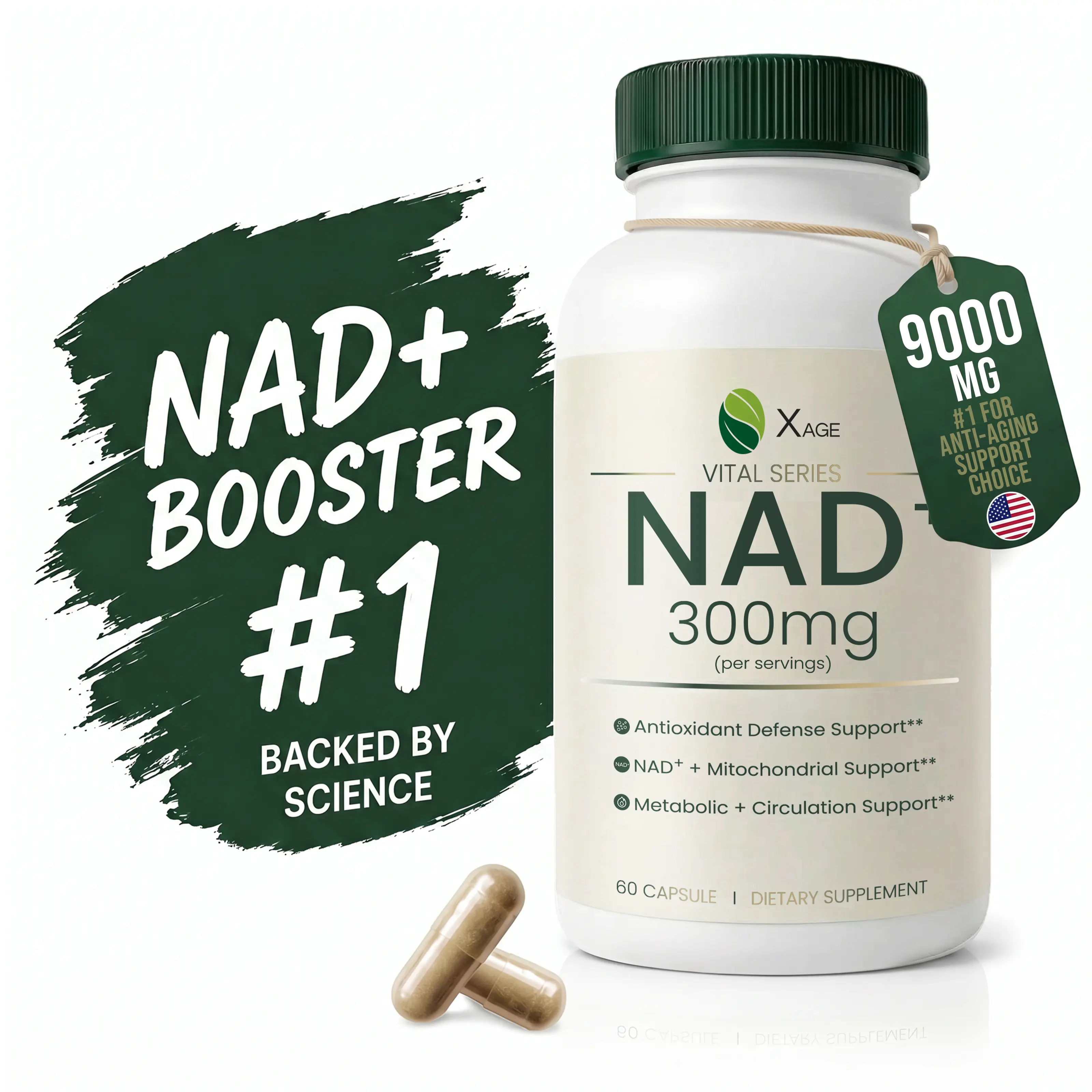 XAGE Daily NAD+ Supplement Capsules, 300mg NAD+ Daily Vitality Formula, Caffeine-Free Energy Support, Cellular Health Support, Metabolic Wellness & Antioxidant Support, 60 Count
