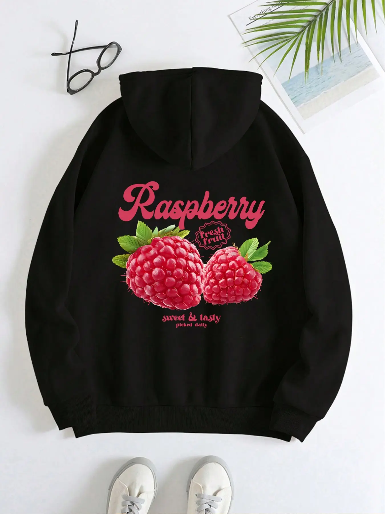 Women's Drawstring Hoodie with Fresh Raspberry Print, Soft and Skin-Friendly, Casual Fitted Style, Fall & Winter Wear, Pockets and Drawstring Design