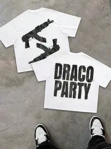Men's Casual Vintage Slogan Graphic Short Sleeve T-Shirt, Gun Print, Draco Party Slogan, Cotton Comfort, Loose Fit, Summer Streetwear