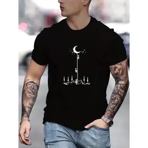 Comfy Men's Astronaut & Moon Print Short Sleeve T-Shirt - Elastic Crew Neck Top for Outdoor Activities Made in USA