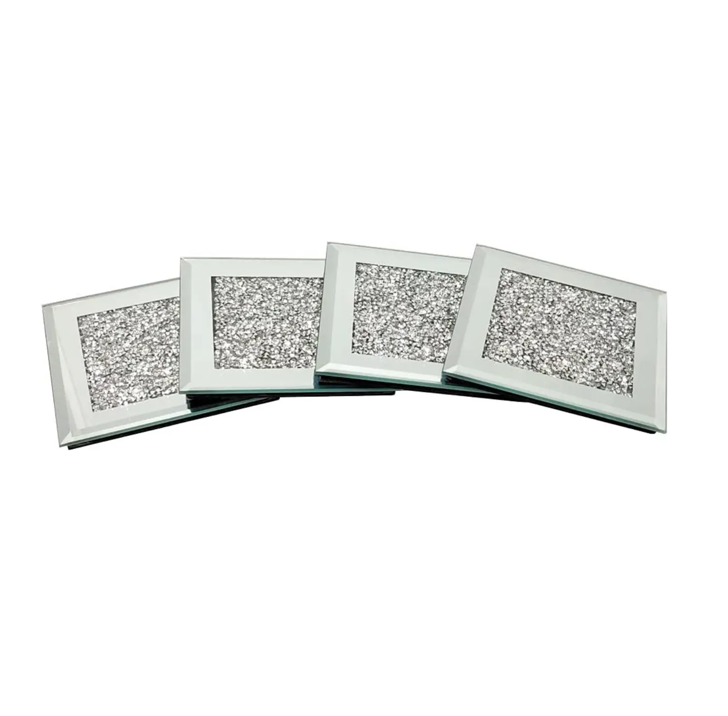Glass Mirrored Coaster 4 PC, Crushed Diamond Square Cup Mat 4" Decor on Tabletop for Bar Tools Dining Table Coffee Set Tableware Transparent