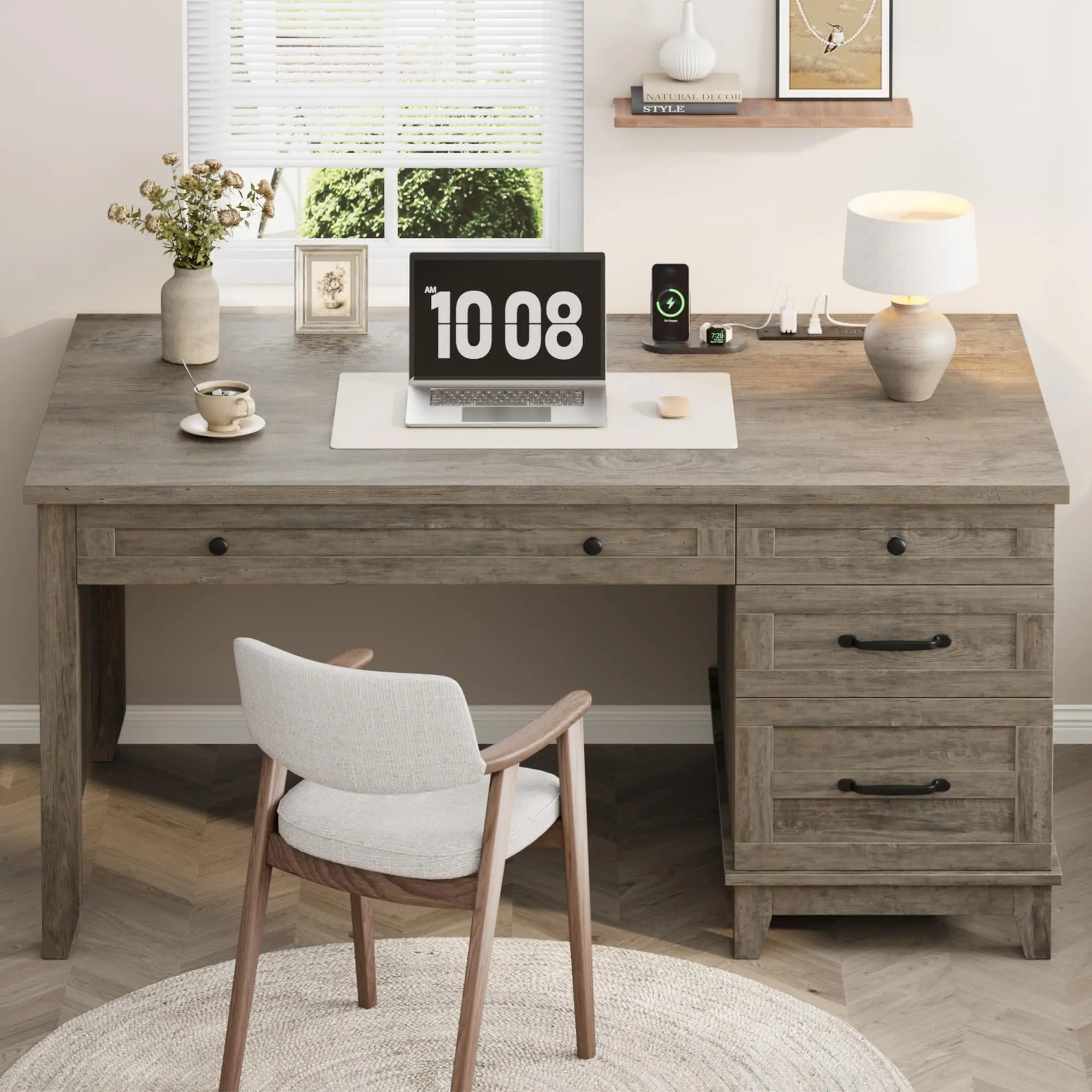 53.5" Farmhouse Executive Desk, Rustic Gray Wooden Computer Desk with Charging Station & File Drawers for Home Office, Work & Study