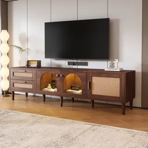 Blovely Well Rattan TV Stand with 3 Cabinets & 2 Drawers, Rattan-inspired Media Console Table for TVs up to 80'', LED Light Entertainment Center, TV cabinet for Living room, Bedroom, Home Theatre
