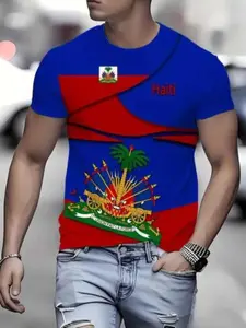 Men's Casual Streetwear Summer T-Shirt, National Pattern, Polyester Round Neck, Slightly Elastic, Adult Knit Fabric Top, All Seasons