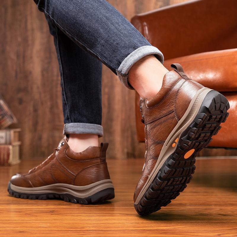 Men's New Fashion Mid-top Casual Shoes Lace-up Outdoor Hiking Leather Boots  Closed Boy Training Trainer Runner Athletic Running Footwear Rubber