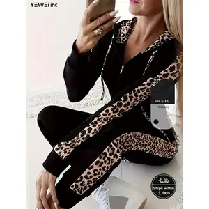 Leopard print casual two-piece drawstring hoodie suit for women