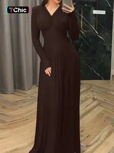 Women's Elegant Solid V Neck Padded Shoulder Long Sleeve Muslim Dress, Plain Slim-fitting Muslim Maxi Long Dress, Modest Fashion Clothes Wear Muslim Casual Clothing, Muslim Evening Dress